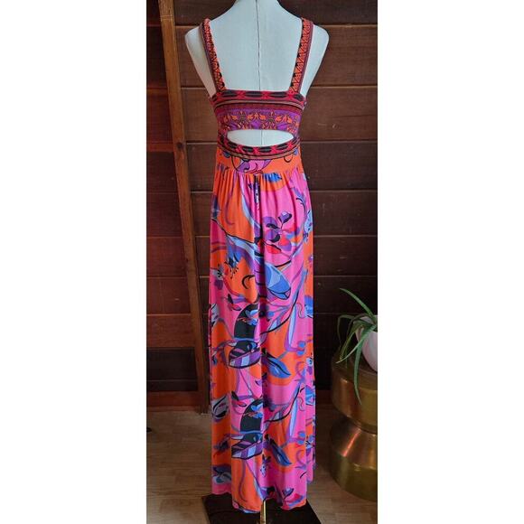 Hale Bob Vibrant Floral Maxi Dress S Cutout Back Boho Hippie Maximalist Sundress - Picture 4 of 10
